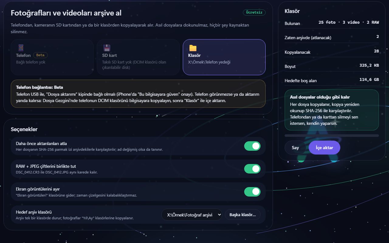 Aurora Photos İçe aktar ekranının örnek görünümü: Telefon, SD kart ve Klasör seçenekleri, Telefon bağlantısı Beta notu, aktarma seçenekleri ve sağda Say ile İçe aktar düğmeleri.