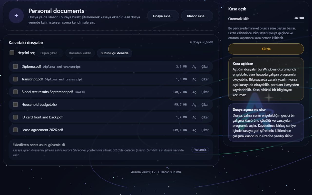 Aurora Vault Açık kasa ekranı: kasadaki dosyaların listesi, Dosya ekle ve Klasör ekle düğmeleri, Bütünlüğü denetle, sağda otomatik kilit sayacı ve Kilitle düğmesi.