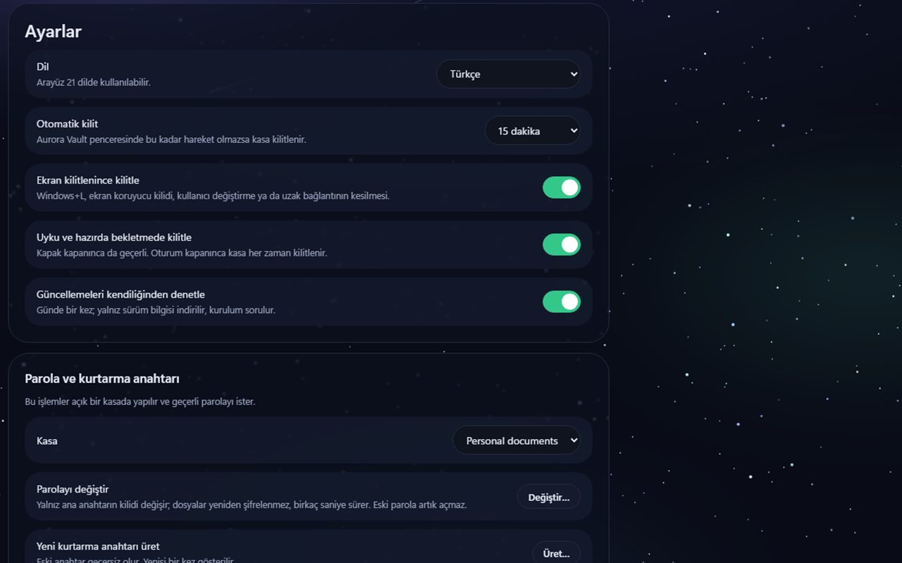 Aurora Vault Ayarlar ekranı: dil seçimi, otomatik kilit, ekran kilitlenince ve uykuda kilitleme anahtarları, parolayı değiştir ve yeni kurtarma anahtarı üret.