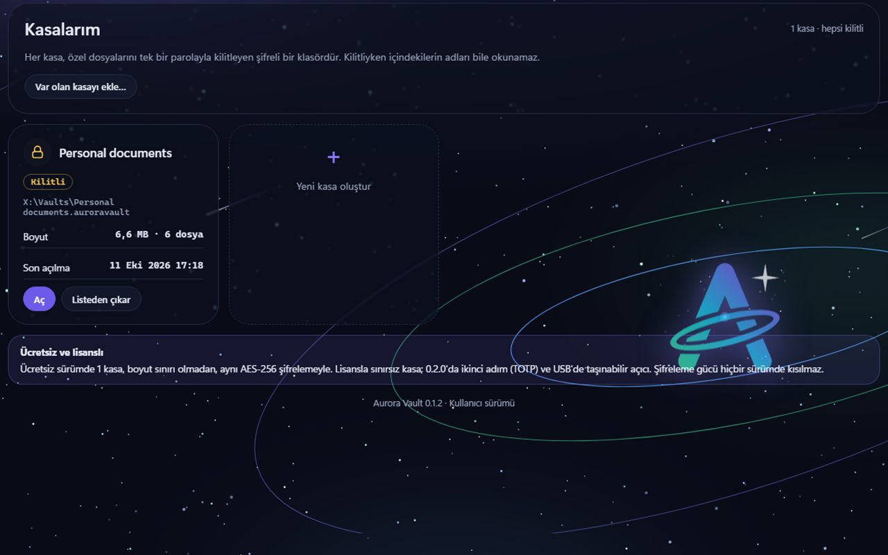 Aurora Vault Kasalarım ekranı: kilitli bir kasa kartı, Aç ve Listeden çıkar düğmeleri, Yeni kasa oluştur ve Ücretsiz ve lisanslı notu.