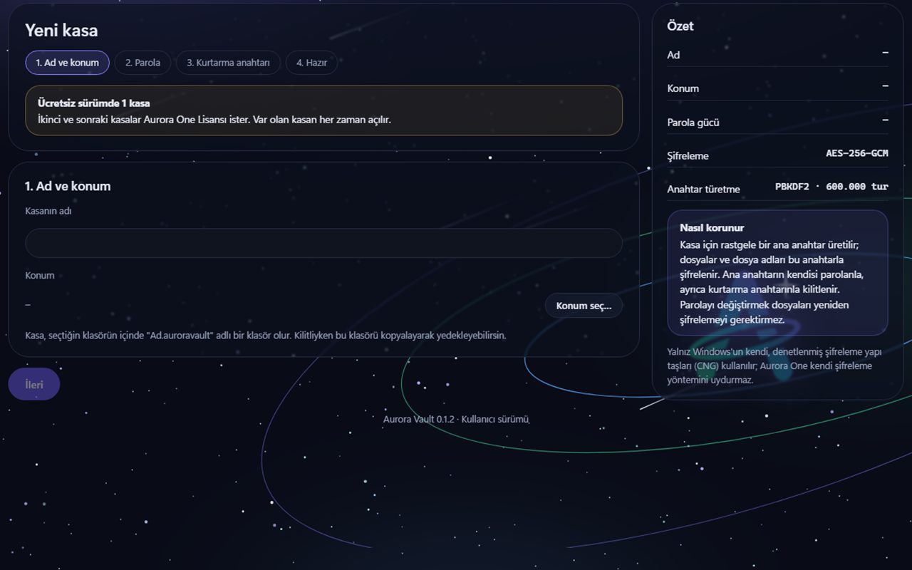Aurora Vault Yeni kasa ekranı: dört adım (ad ve konum, parola, kurtarma anahtarı, hazır), ücretsiz sürümde 1 kasa notu ve sağda şifreleme özeti.