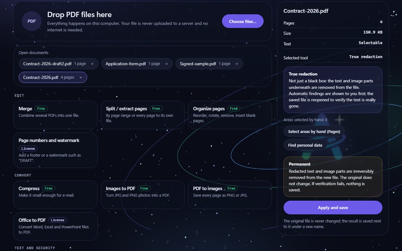 Aurora PDF True redaction tool: an explanation, Select areas by hand and Find personal data buttons, a Permanent warning and an Apply and save button.