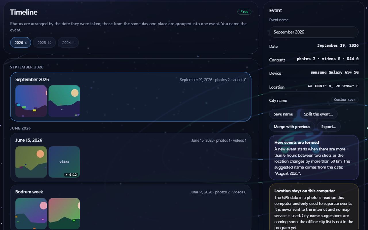 Aurora Photos Timeline: year chips, month headings, event cards with thumbnails and event details on the right; a Coming soon badge on the City name row.