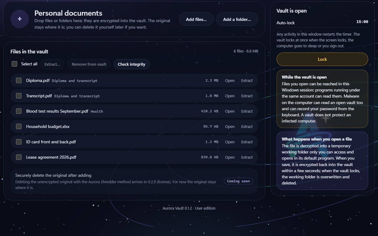 Aurora Vault Open vault screen: the list of files in the vault, the Add files and Add a folder buttons, Check integrity, and on the right the auto-lock timer and the Lock button.