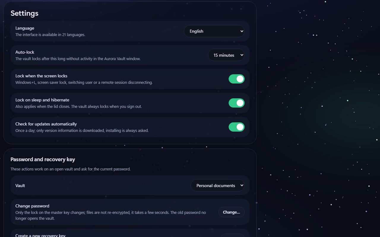 Aurora Vault Settings screen: language, auto-lock, switches for locking when the screen locks and on sleep, change password and create a new recovery key.