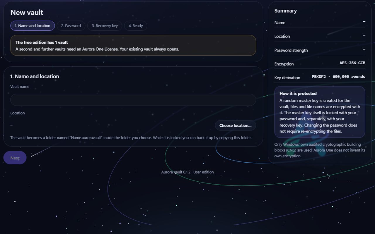 Aurora Vault New vault screen: four steps (name and location, password, recovery key, ready), the free edition 1-vault note and an encryption summary on the right.